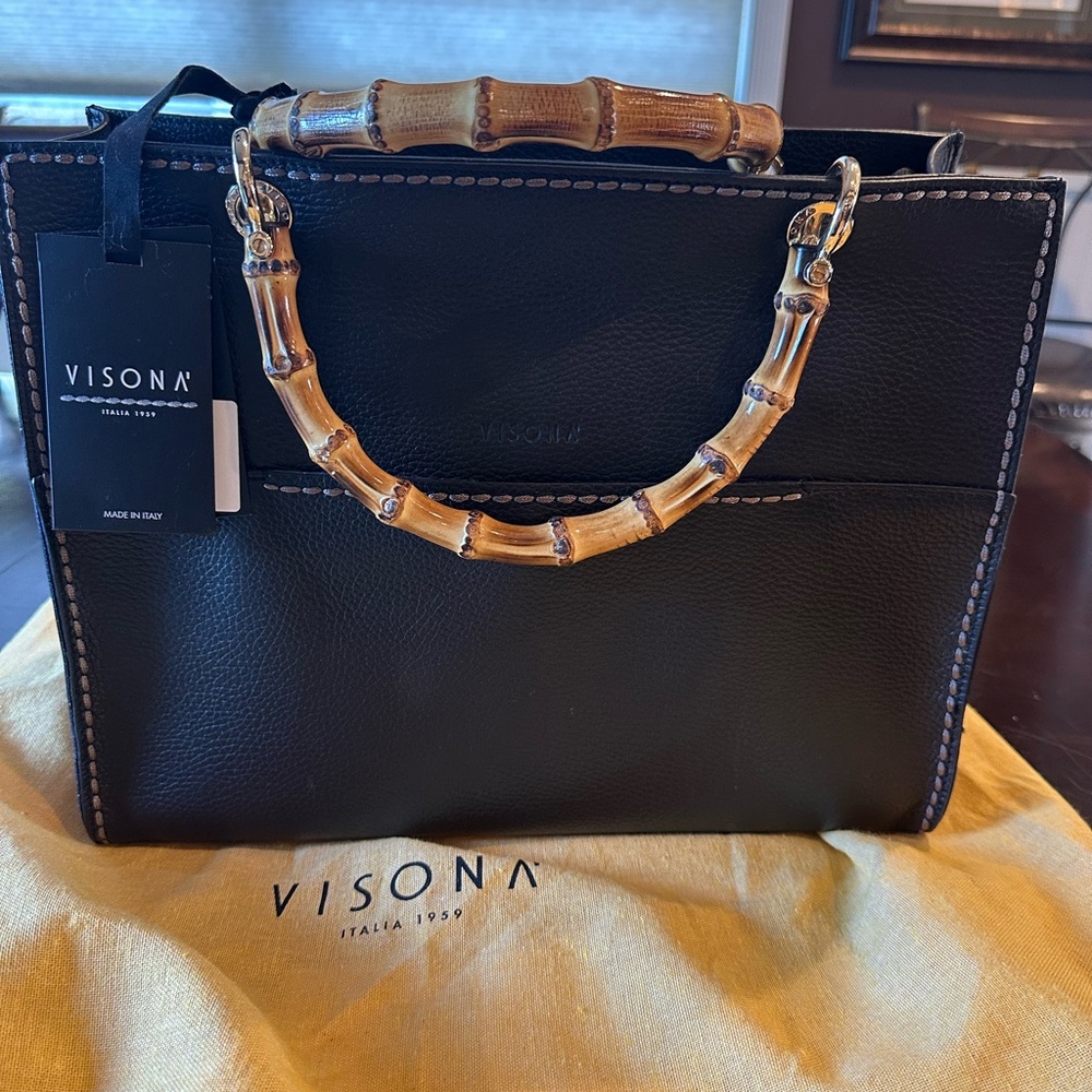 Plinio Visona Black Leather Tote with Bamboo Handles